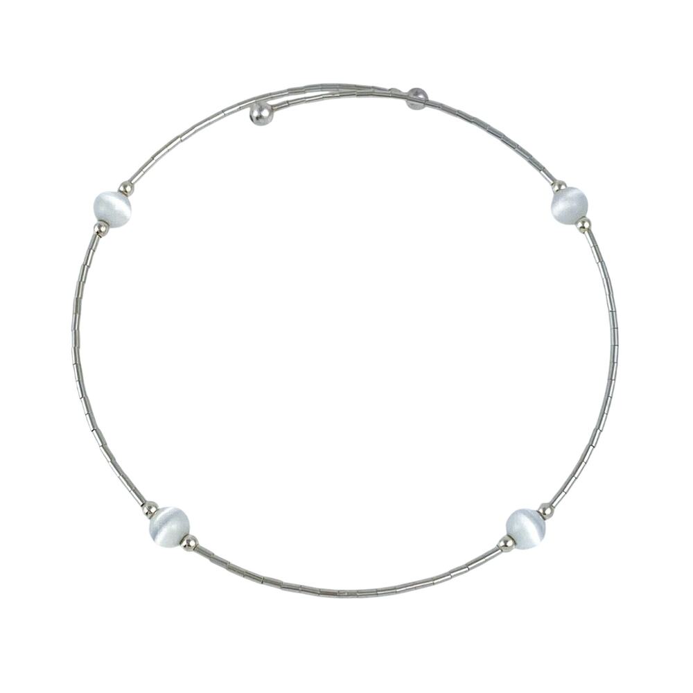 Vintage Sterling Silver 925 White Cat’s Eye Memory Wire Bracelet 8"